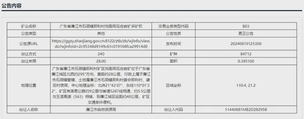 789元方广东湛江储量近3700万方花岗岩矿28亿起拍